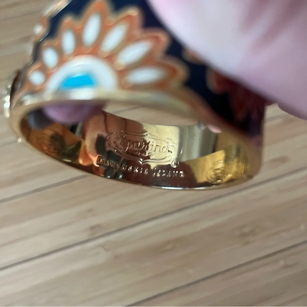 Spartina 449 Daufuskie Island Orange Enamel Floral Gold Tone Hinged Bracelet - Picture 2 of 4